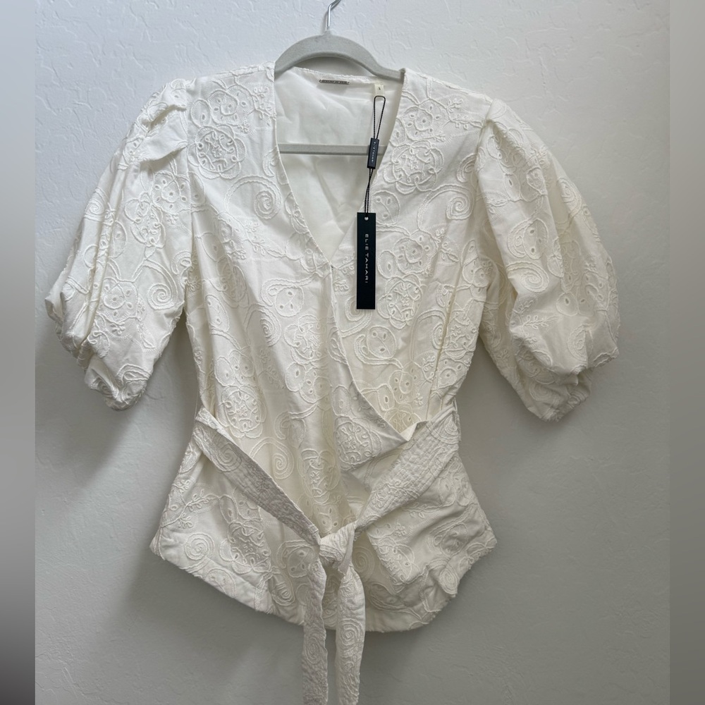 Zara Cream Eyelet Puff-Sleeve Wrap Top